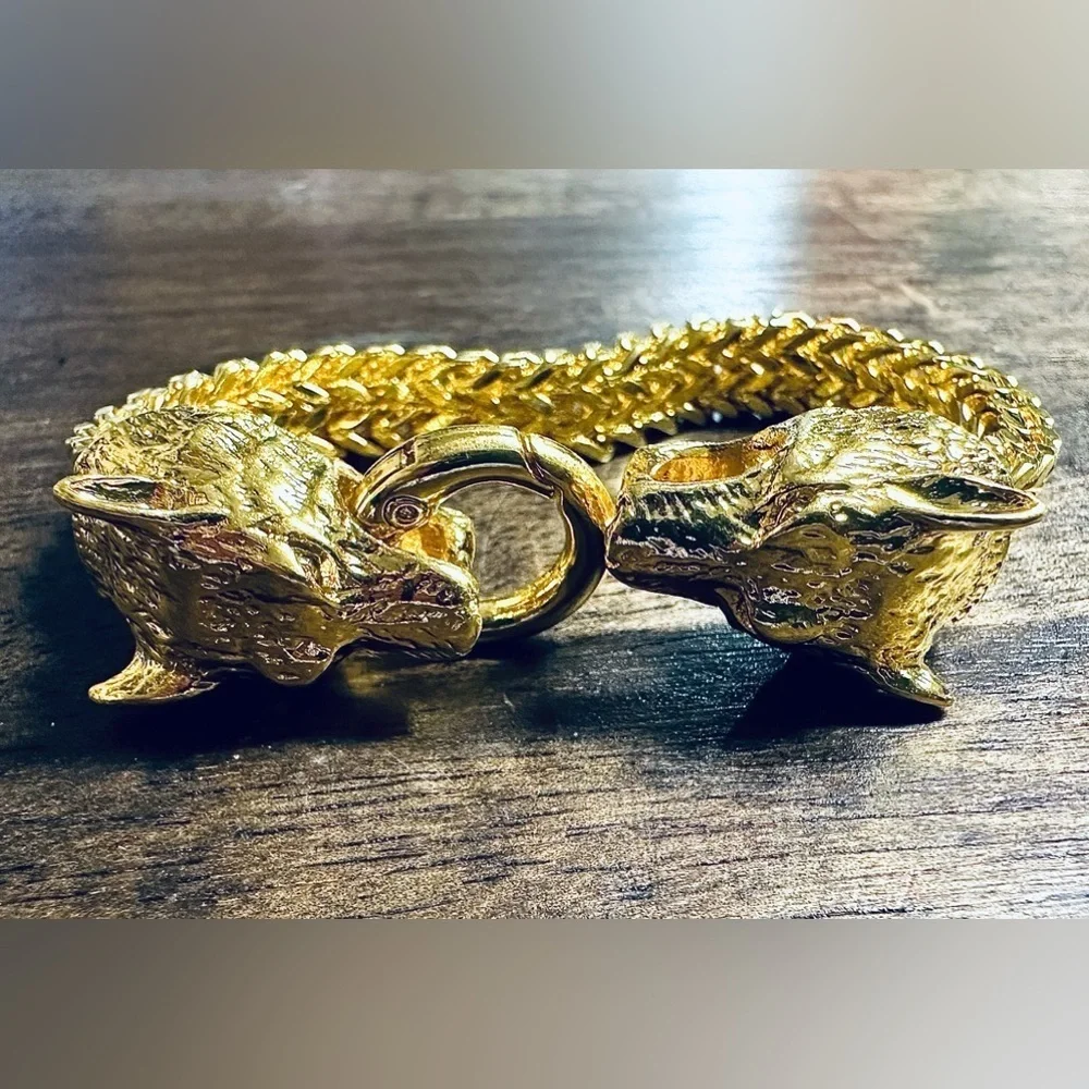 NEW 14k gold Titanium Wolf Head Franco Link Bracelet Mens